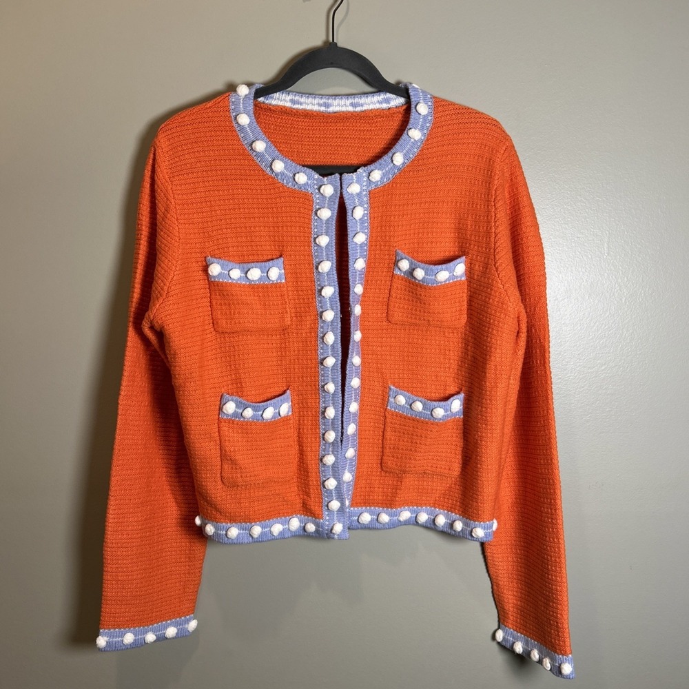 Women's Medium Vintage Cardigan Orange Blue  Trim Classic Preppy whimsical